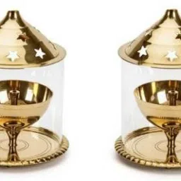 Akhand Diya Glass with Boroslicate Glass Brass Table Diya Brass (Pack of 2) Table Diya Set-picture-2