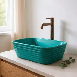 Premium Designer Ceramic Wash basin Bruno(Green-Matt) with Waste pipe & Coupling (20x15x5)(Green-Matt) Table Top Basin-image-6