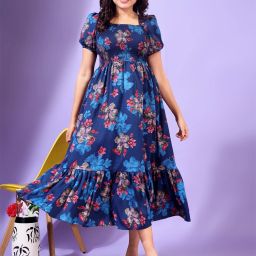 Women Fit and Flare Blue Below Knee Dress-image-0