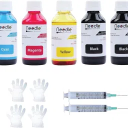 Needle 5x100 gms Ink Refill for Cartridge Printers Black + Tri Color Combo Pack Ink Bottle-image-55