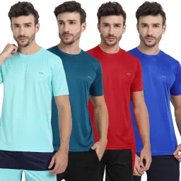 Pack of 4 Men Solid Round Neck Polyester Light Blue, Red, Blue T-Shirt-image-99