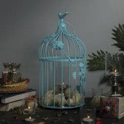 Turquoise Bird Cage Lantern with Floral Vine Large Single, with Hanging Chain Blue Metal Hanging Lantern-image-34