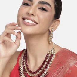 Peora Women Maroon Gold-Plated Kundan Studded Necklace & Earrings-image-23