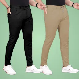 Pack of 2 Men Slim Fit Black, Khaki Lycra Blend Trousers-image-93