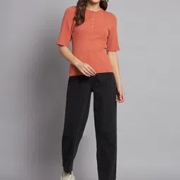 NoBarr Henley Neck Short Sleeves Striped Self Design Top-53