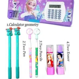 CALCULATOR Pencil Box With2 Fancy Pens, 2 fancy Pencils, 2 fancy Eraser For kids Barbie Art Plastic Pencil Box-image-23
