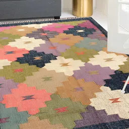 Budhrajrugs Green & Beige Geometric Reversible Dhurrie-5
