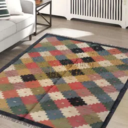 Budhrajrugs Beige & Red Geometric Rectangle Wool jute Dhurrie-1