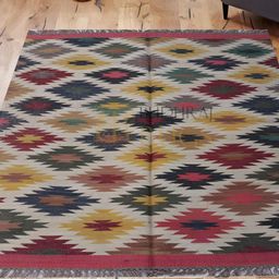 Budhrajrugs Maroon & Yellow Geometric Woollen Jute Rectangle Dhurrie-27