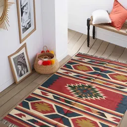 Budhrajrugs Red Geometric Woollen Jute Rectangle Dhurrie-picture-20