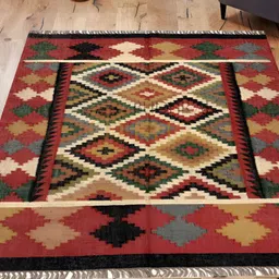 Budhrajrugs Maroon & Yellow Geometric Rectangle Wool jute Dhurrie-32
