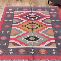 Budhrajrugs Maroon & Yellow Geometric Wool Jute Rectangle Dhurrie-picture-42