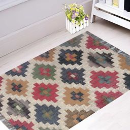 Budhrajrugs Red & Off White Geometric Patterned Hand Woven Rectangular Dhurrie-6
