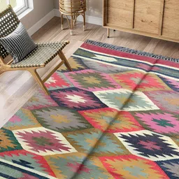 Budhrajrugs Beige & Pink Geometric Reversible Dhurrie-16