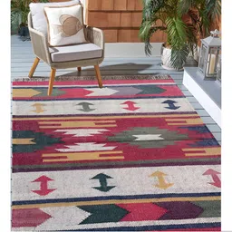 Budhrajrugs Red & White Geometric Woven Rectangular Dhurrie-4