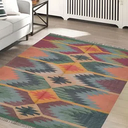 Budhrajrugs Maroon & Yellow Geometric Wool Jute Rectangle Dhurrie-image-28