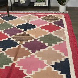Budhrajrugs Beige & Red Geometric Reversible Dhurrie-13