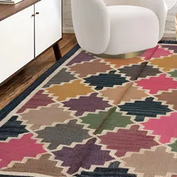 Budhrajrugs Black & Purple Geometric Wool Jute Rectangular Dhurries-picture-38