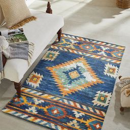 Mona B Blue & Yellow Printed Vintage Anti-Skid Dhurrie Carpet-27