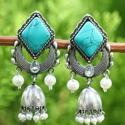 Sangria Silver Plated Artificial Stones-Studded And Beads-Beaded Oxidised Drop Earring-image-4