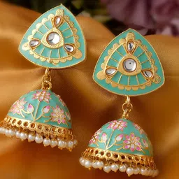DASTOOR Sea Green & Pink Gold-Plated Dome Shaped Jhumkas Earrings-31