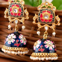 DASTOOR Gold-Toned & Blue Contemporary Jhumkas Earrings-picture-6