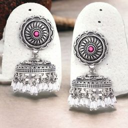 Sangria Silver-Toned Stone-Studded & Beaded Dome Shaped Jhumkas-28