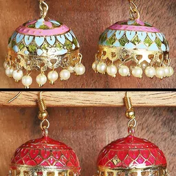 OOMPH Set Of 2 Gold-Plated Dome Shaped Meenakari Jhumkas Earrings-53
