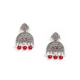 Anouk Brass-Plated Stone-Studded & Beaded Oxidised Floral Drop Earrings-1