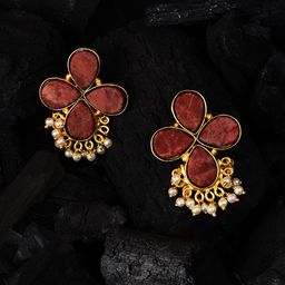SOHI Gold-Toned & Red Contemporary Drop Earrings-image-36
