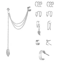 Yellow Chimes Set of 10 Silver-Toned Contemporary Ear Cuff Earrings-17