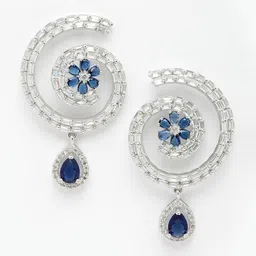 DressBerry Silver-Toned & Blue Rhodium-Plated American Diamond Circular Drop Earrings-4