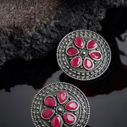 PANASH Oxidized Pink Stone Studded Circular Stud Earrings-5