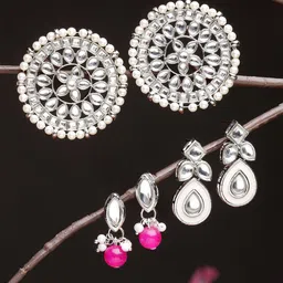 KARATCART Set of 3 Kundan Classic Drop Earrings-27