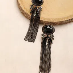 DressBerry Black Gold-Plated Stone Studded Tasseled Drop Earrings-image-53