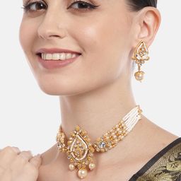 Aadvik Designs Gold-Plated Kundan & Pearl Studded Necklace & Earrings-image-24