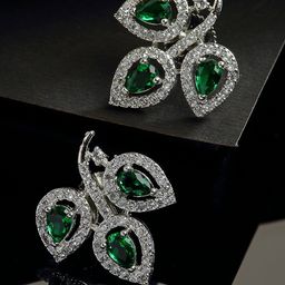 ZENEME Green Leaf Shaped American Diamond Studs Earrings-10