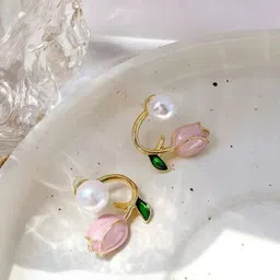 Softwrap Gold-Plated Pearl Leaf Shaped Studs Earrings image 1