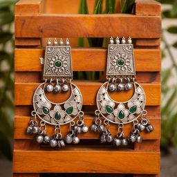 Anvik Silver Plated Stone Studded & Beaded Contemporary Oxidised Chandbalis-18