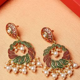 OOMPH Meenakari Enamel with Kundan & Pearls Circular Chandbalis Earrings-image-64