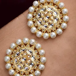 PANASH Gold-Plated & White Kundan & Pearls Stone Circular Shaped Stud Earrings-8