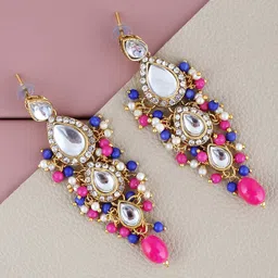 LUCKY JEWELLERY Gold-Plated Kundan-Studded Drop Earrings With Maang Tikka-31