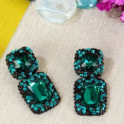 Yellow Chimes Green Square Crystal-Studded Drop Earrings-image-4