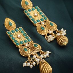 PANASH Gold-Plated Green Stone-Studded Handcrafted Drop Earrings-35