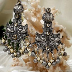 Moedbuille Silver-Plated Kundan & Pearls Crescent Shaped Drop Earrings-12