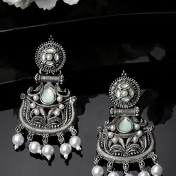 ADIVA Oxidised Silver-Plated Stone-Studded & Pearls Peacock Shaped Drop Earrings-7