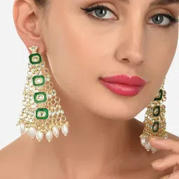 Zaveri Pearls Green Teardrop Shaped Drop Earrings-image-6