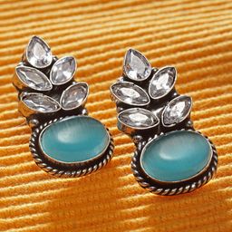 Sanjog Silver-Plated Contemporary CZ Studded Drop Oxidised Earrings-image-5
