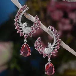 ZENEME Rhodium-Plated Feather Shaped Drop Earrings-16