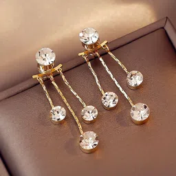Yellow Chimes Women Gold Toned Crystal Studded Tassel Drop Earrings image 1